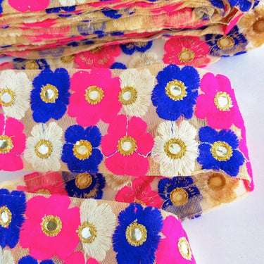 Beige Net Lace Trim In Blue, Off White, Fuchsia Pink And Gold Floral Embroidery And Mirror Embellishments